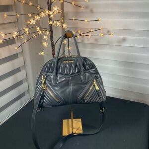 Miu Miu Black Quilted Leather Moto Bag With Gold Accents & Adjustable strap